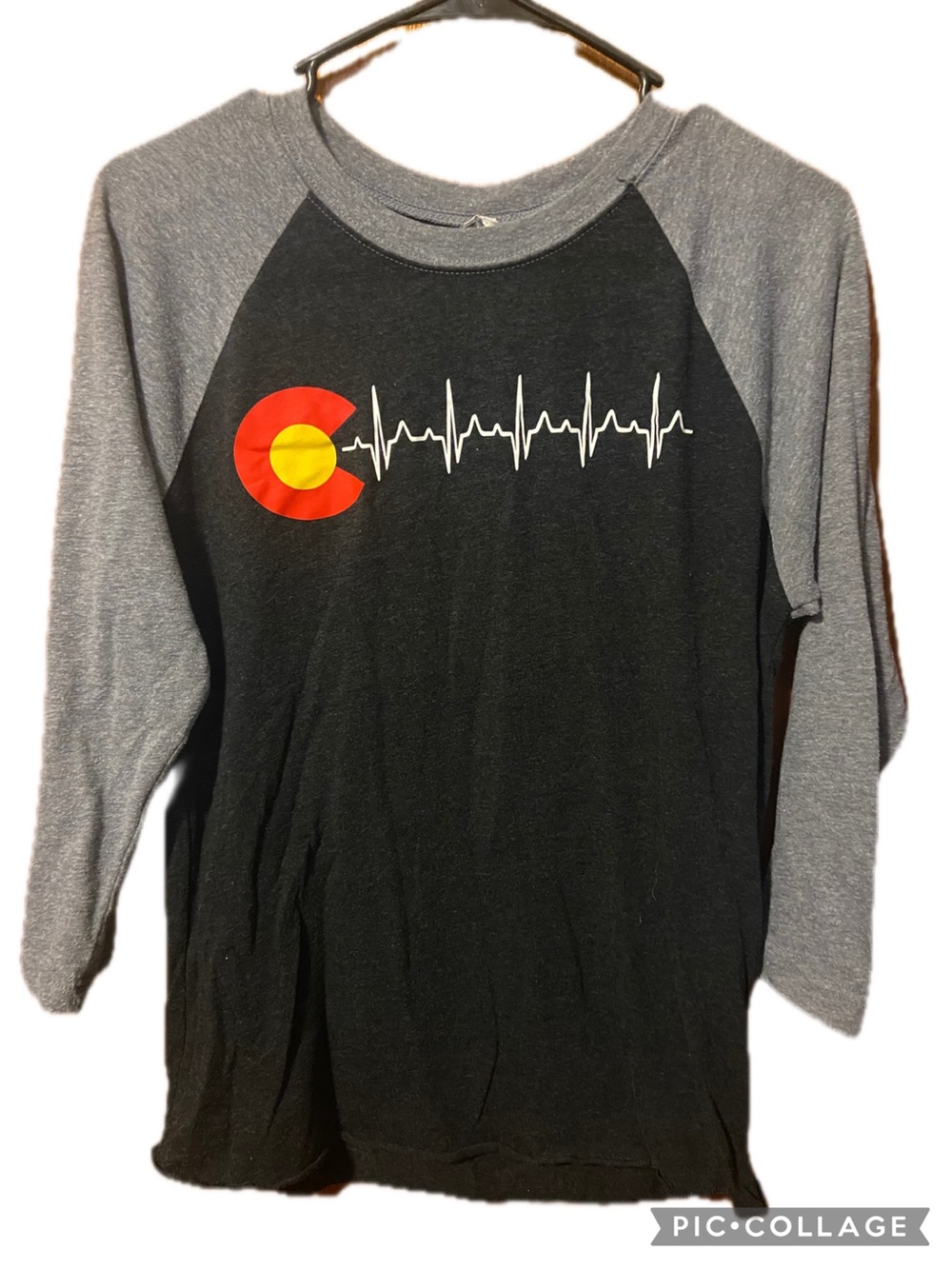 Grey & Black women’s Raglan Top with Colorado Heartbeat Graphic